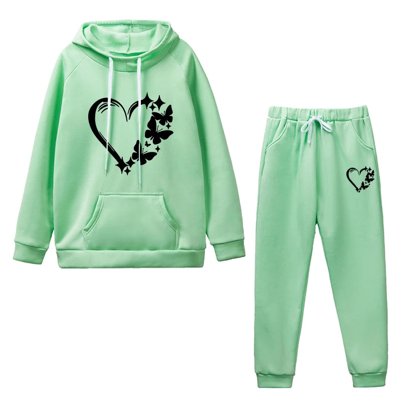 Women's mint green casual hoodie set featuring heart and flower design, perfect for workouts and lounging.