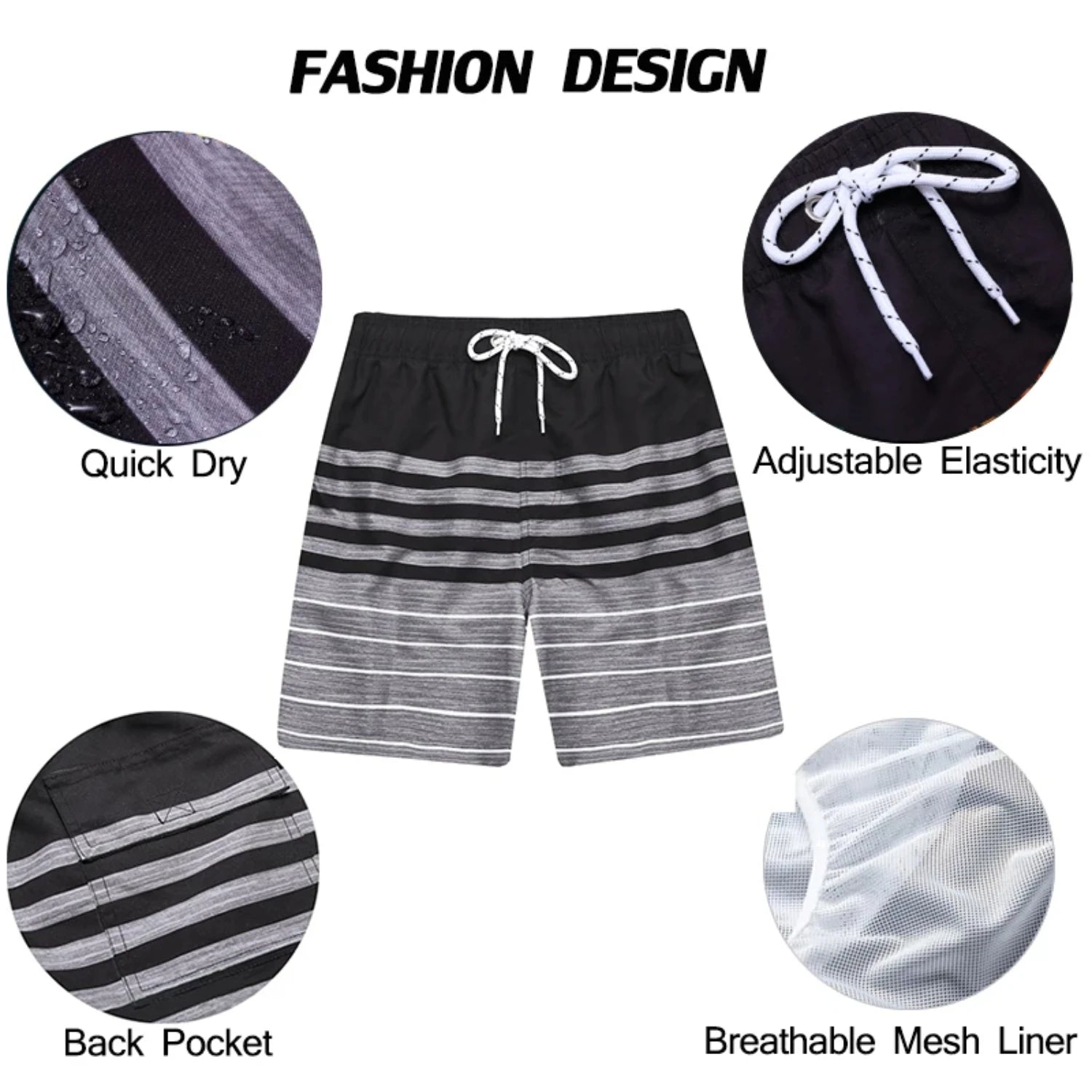 Men's summer beach shorts featuring quick-dry fabric, adjustable waist, back pocket, and breathable mesh liner.