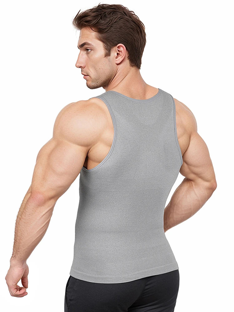 Muscular man wearing a gray men's compression tank top, showcasing the back fit and support for active wear.