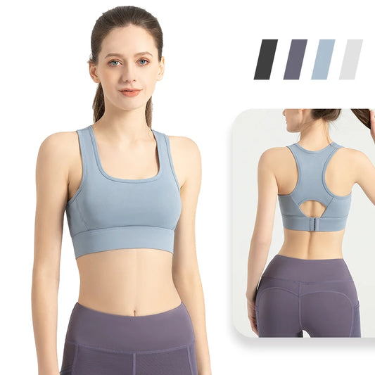 Model wearing a blue Sports Bra Full Support, showcasing its comfort and stylish design for active women.