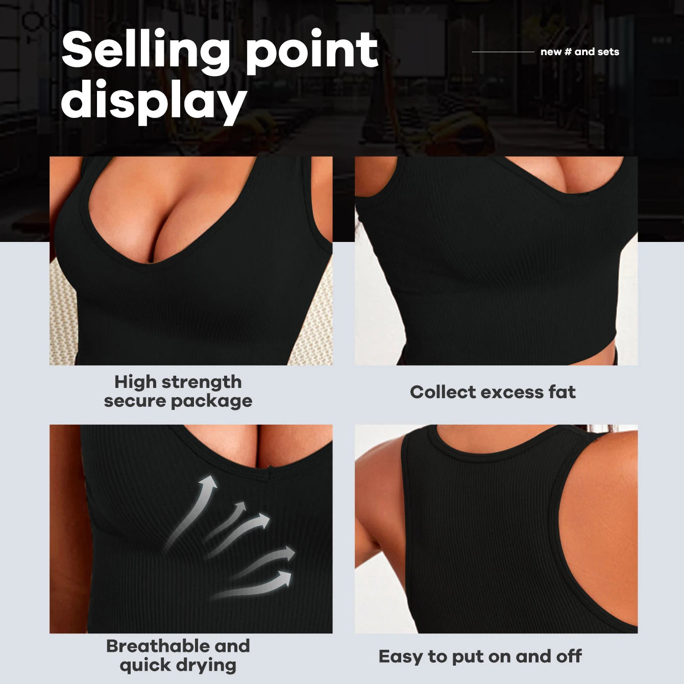 Seamless ribbed yoga vest for women, quick-drying, breathable, easy to wear, with no padding, showcasing key features.