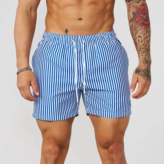Men's blue and white striped casual shorts with adjustable drawstring waistband.