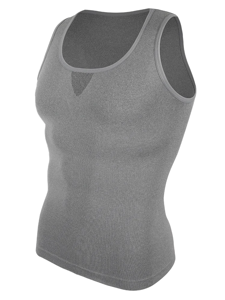 Men’s compression tank top in gray, designed for muscle support and body shaping during workouts.