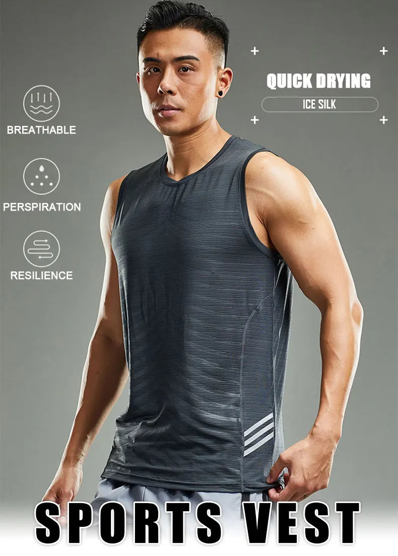 Men’s Ice Silk Running Tank Top, lightweight sports vest, breathable, quick-drying gym wear for high-intensity workouts.