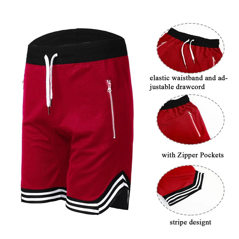 Men's red mesh basketball shorts featuring elastic waistband, adjustable drawcord, and zipper pockets.