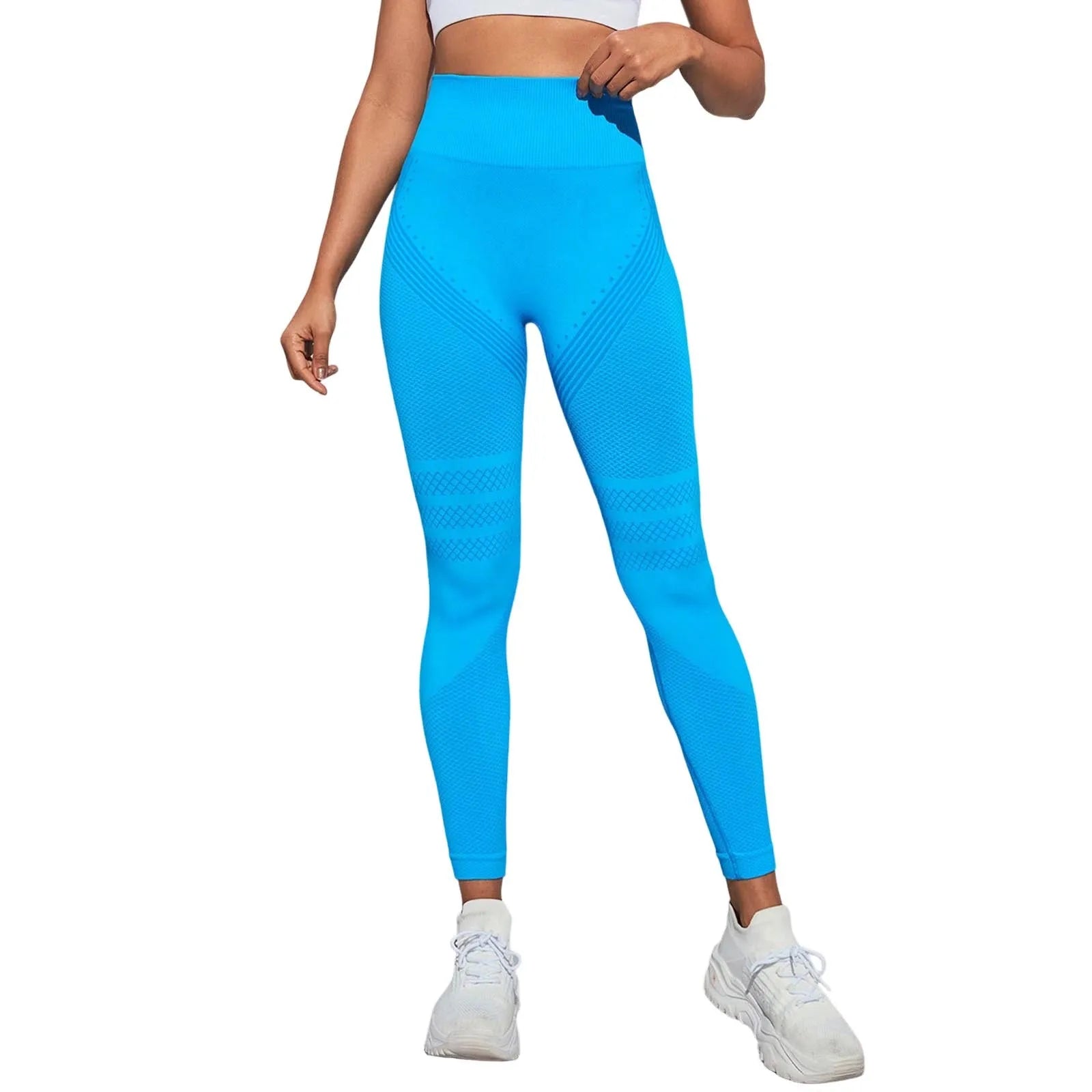 2025 Seamless Hip-Lifting Yoga Pants in bright blue, designed for performance and style with contour-enhancing features.