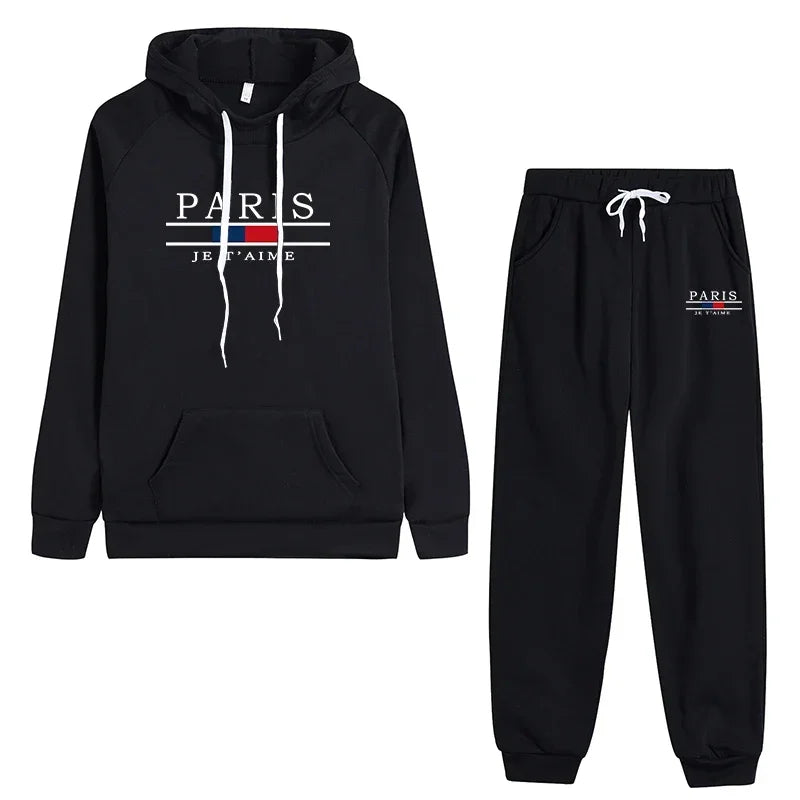 Black Casual Sports Jogging Suit featuring hoodie and pants with Paris Je T'aime design, ideal for workouts and lounging.