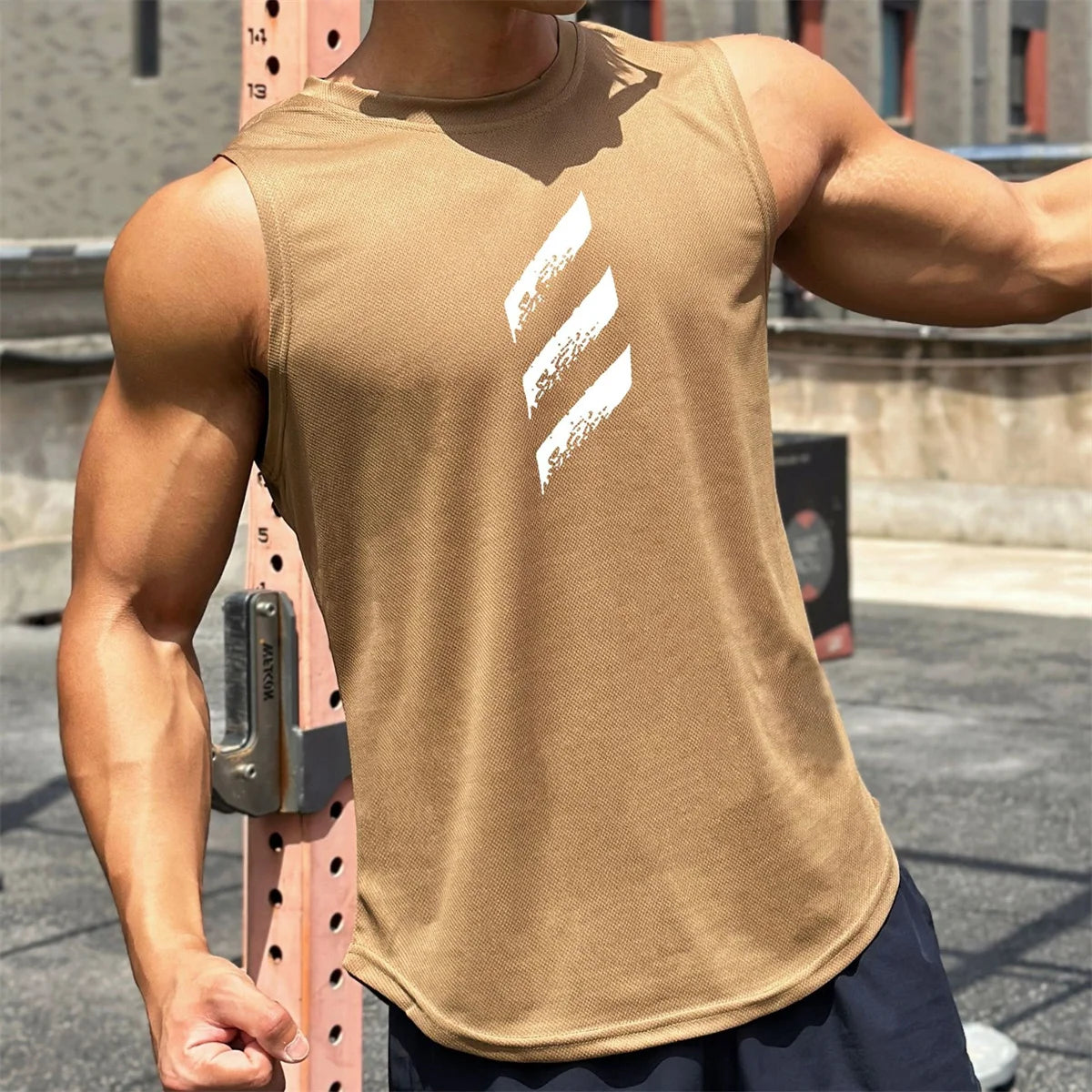 Men's quick-dry sleeveless gym tank top in brown, perfect for summer workouts with a fitted design and breathable fabric.