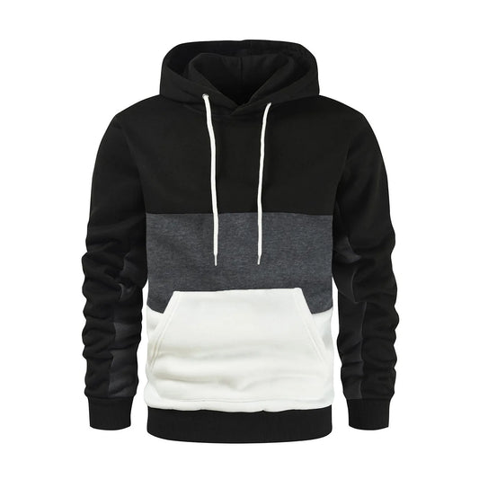 Men's casual hoodie set in black, gray, and white, featuring a stylish color block design with a front pocket.