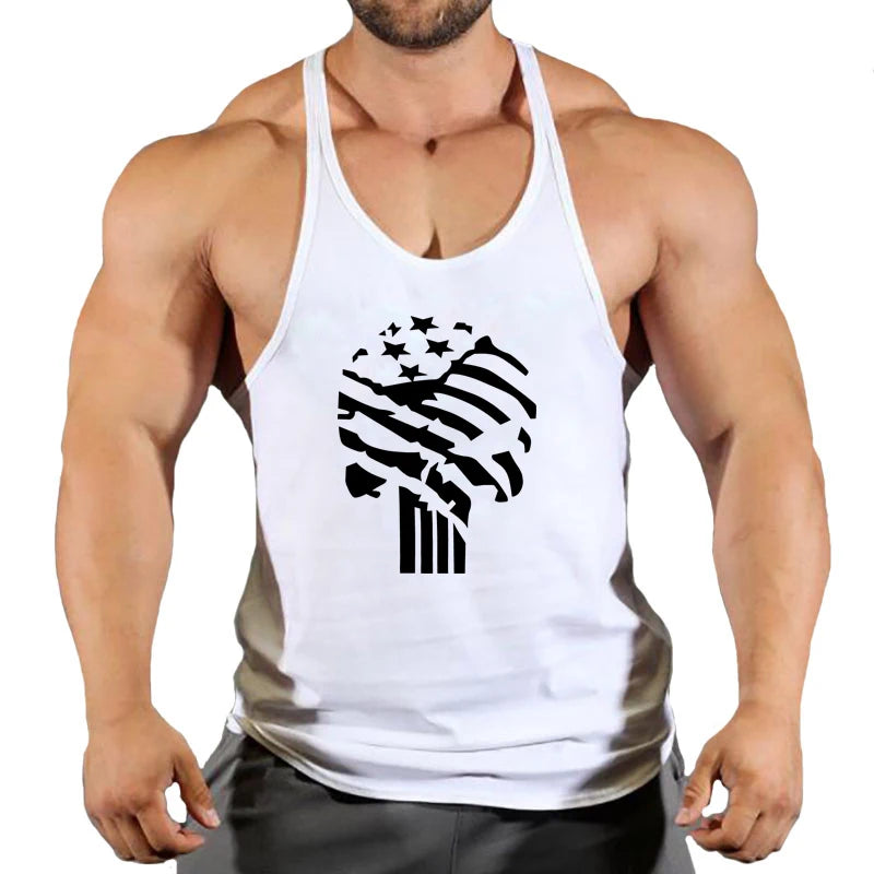 Men's bodybuilding tank top featuring a graphic design of an American flag on a muscular model.