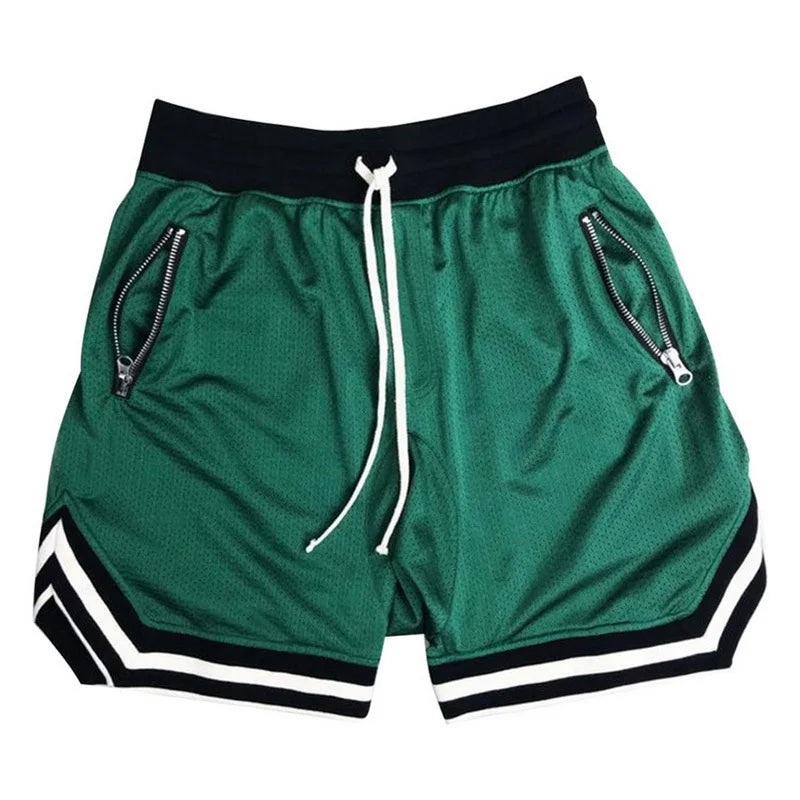 Men's green mesh basketball shorts with zipper pockets, quick-dry fabric, and elastic waist for comfort.