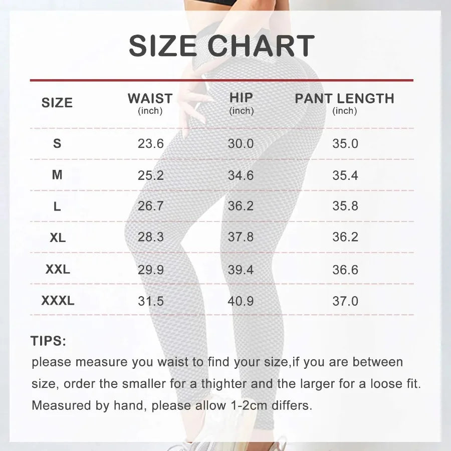 Size chart for Women's Butt Lifting High Waist Yoga Pants, showing waist, hip, and pant length measurements.