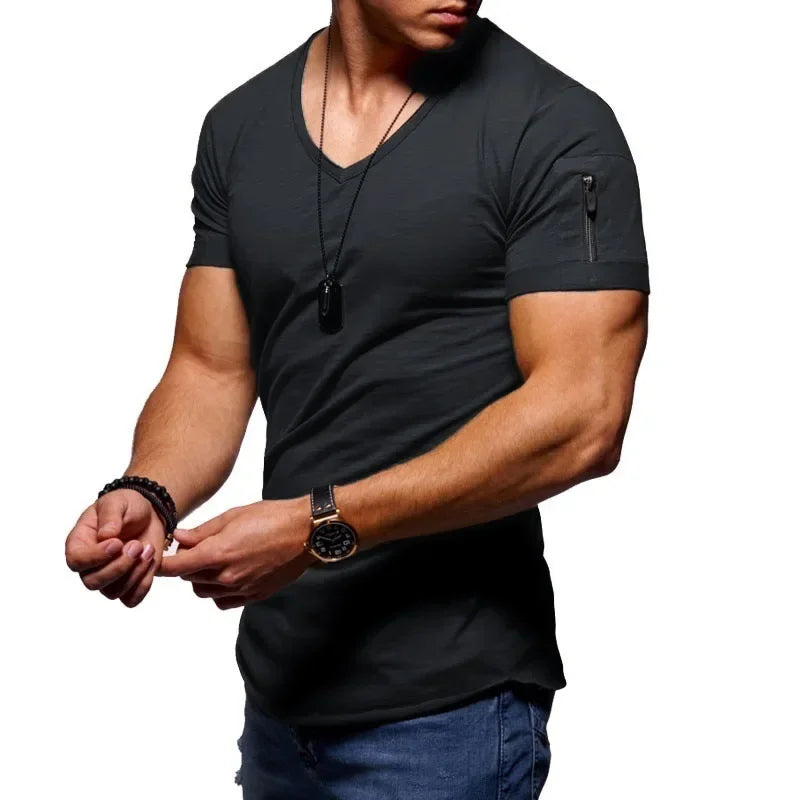 Men's V-Neck quick-dry running t-shirt in dark gray, featuring short sleeves and stylish zip pocket.