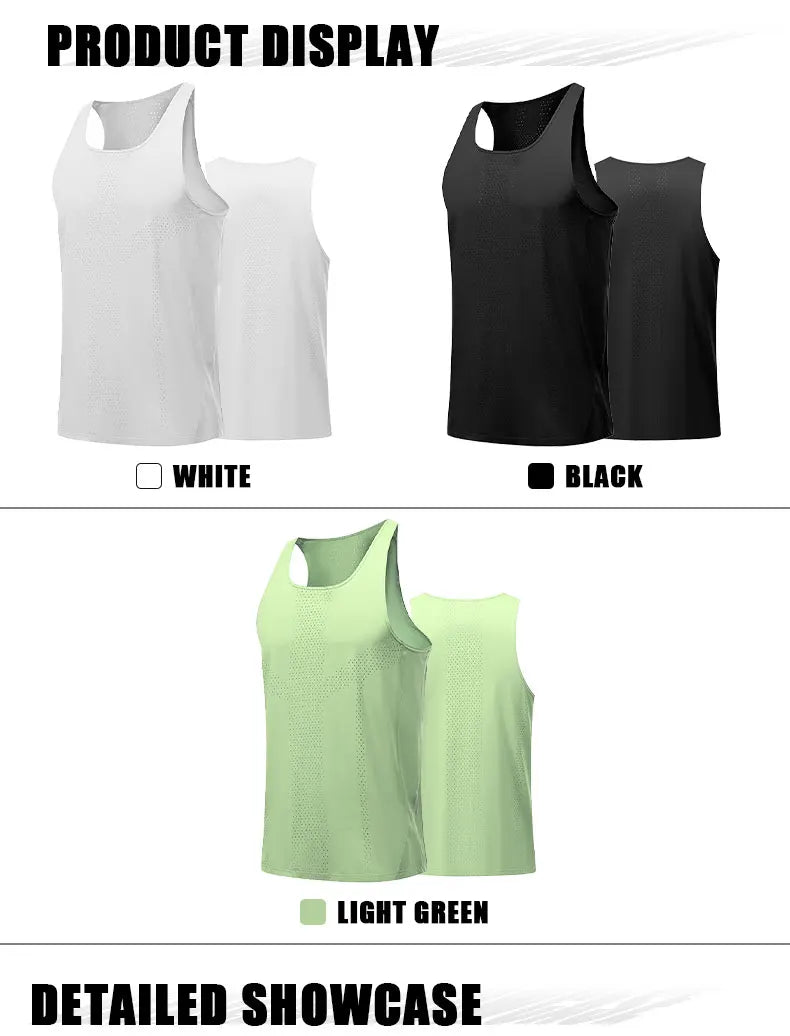 Men’s Quick-Dry Sleeveless Basketball Workout Shirt in white, black, and light green color options for optimal performance.