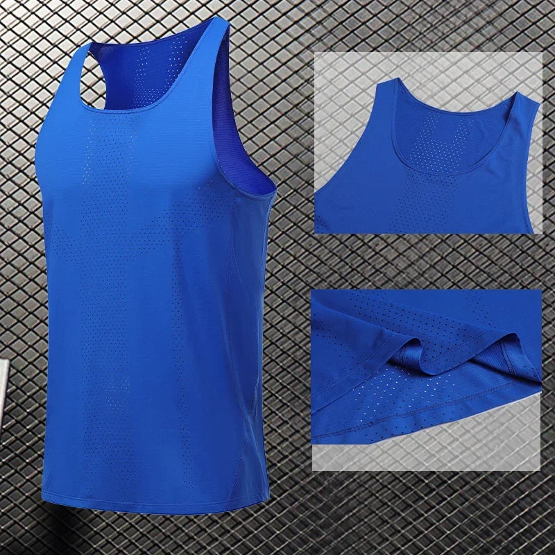 Men's quick-dry sleeveless basketball workout shirt in blue with breathable fabric and athletic fit.