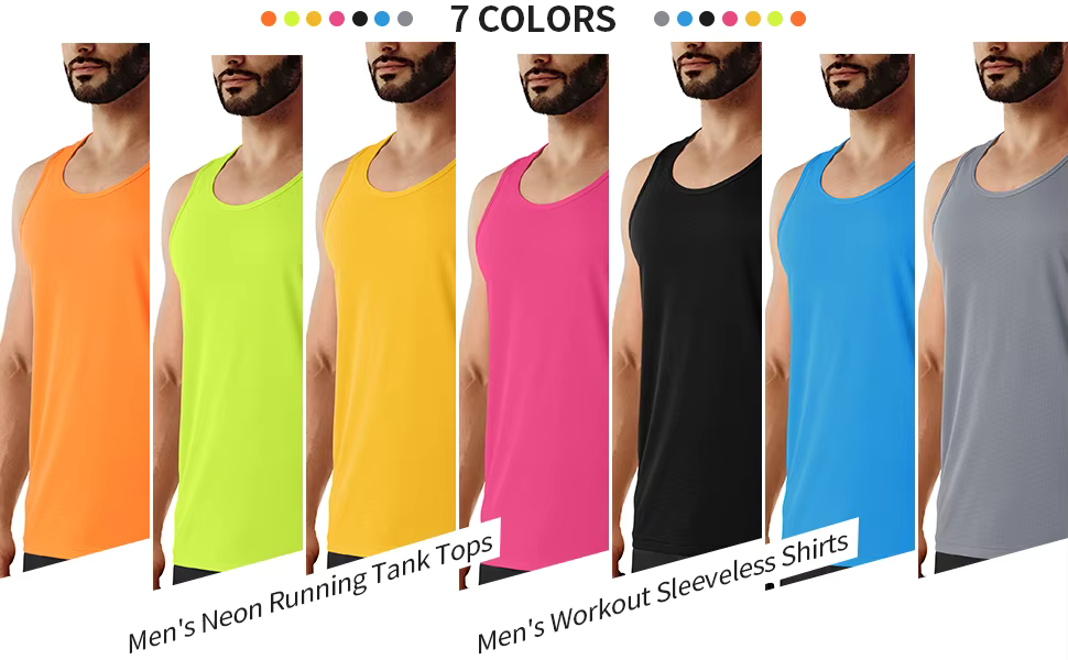 Men's neon workout sleeveless shirts in seven vibrant colors for high visibility during workouts.