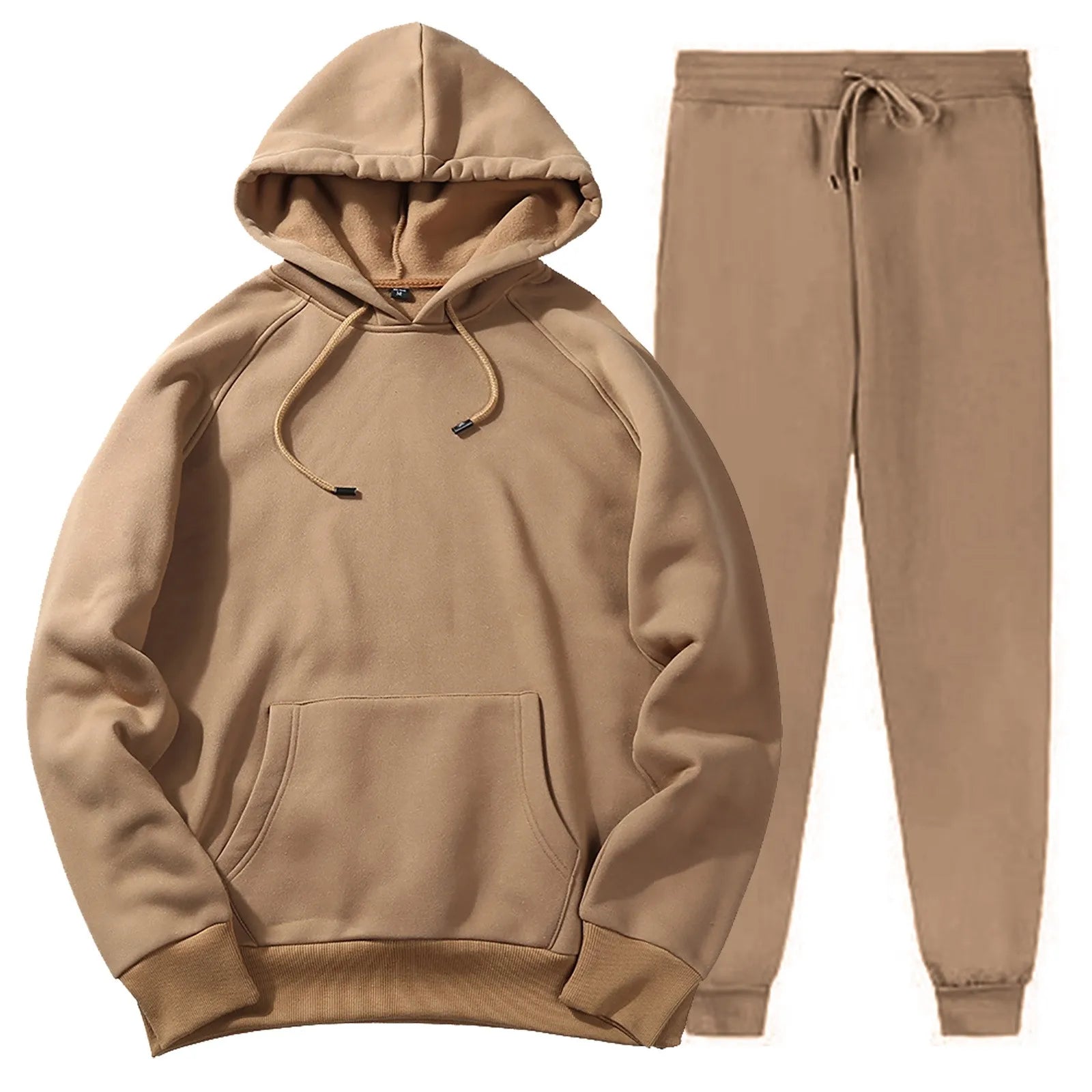 Men's beige oversized hoodie and matching joggers tracksuit set for comfort and street style.