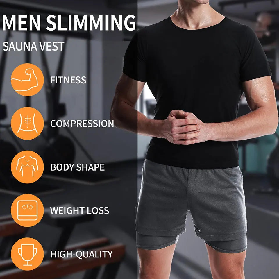 Men's sauna sweat vest highlighting fitness, compression, body shaping and weight loss benefits.