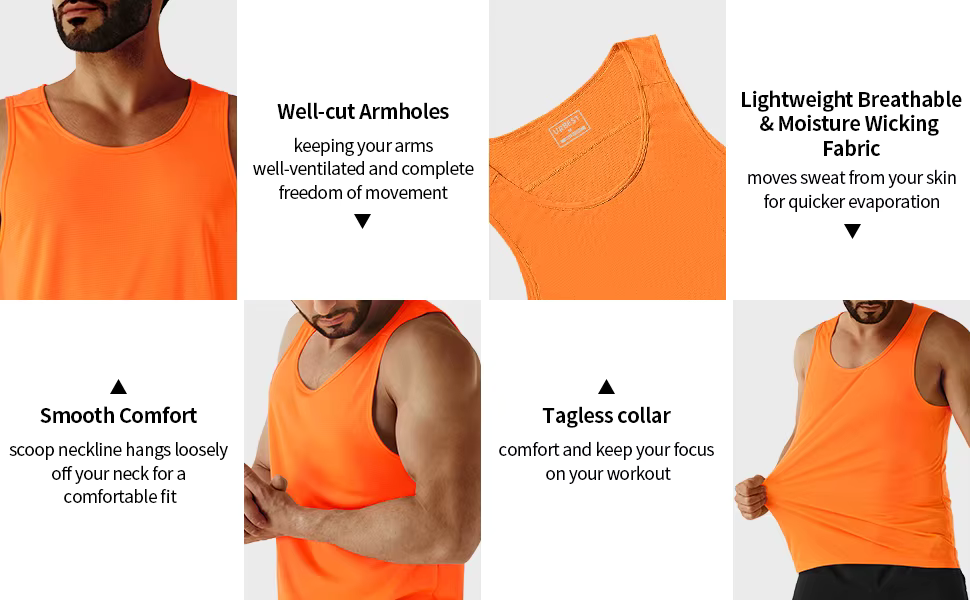 Men's neon workout sleeveless shirts showcasing features like lightweight fabric, well-cut armholes, and smooth comfort.