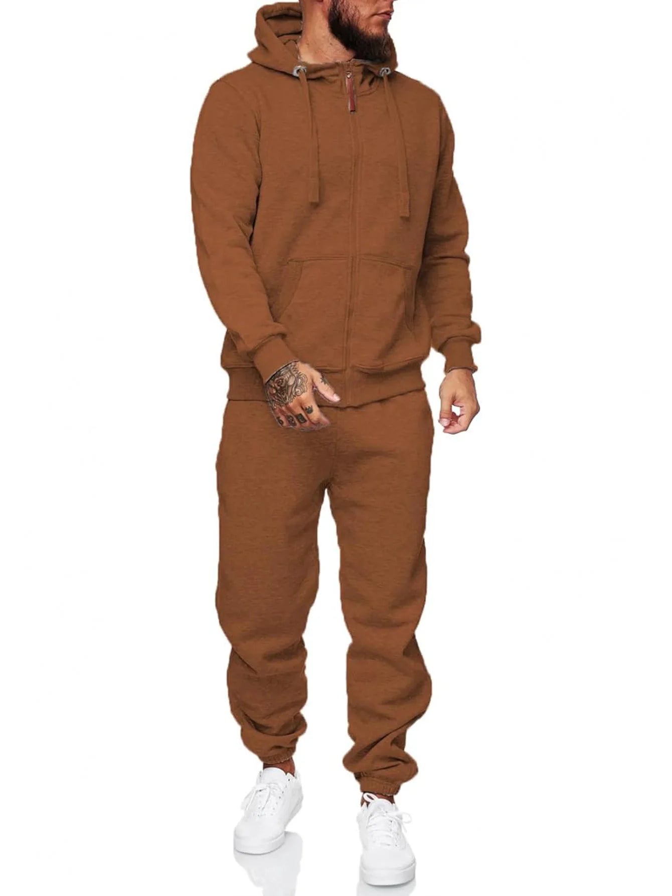 Men's brown 2-piece tracksuit set with zip-up hoodie and joggers, ideal for workouts or casual wear.