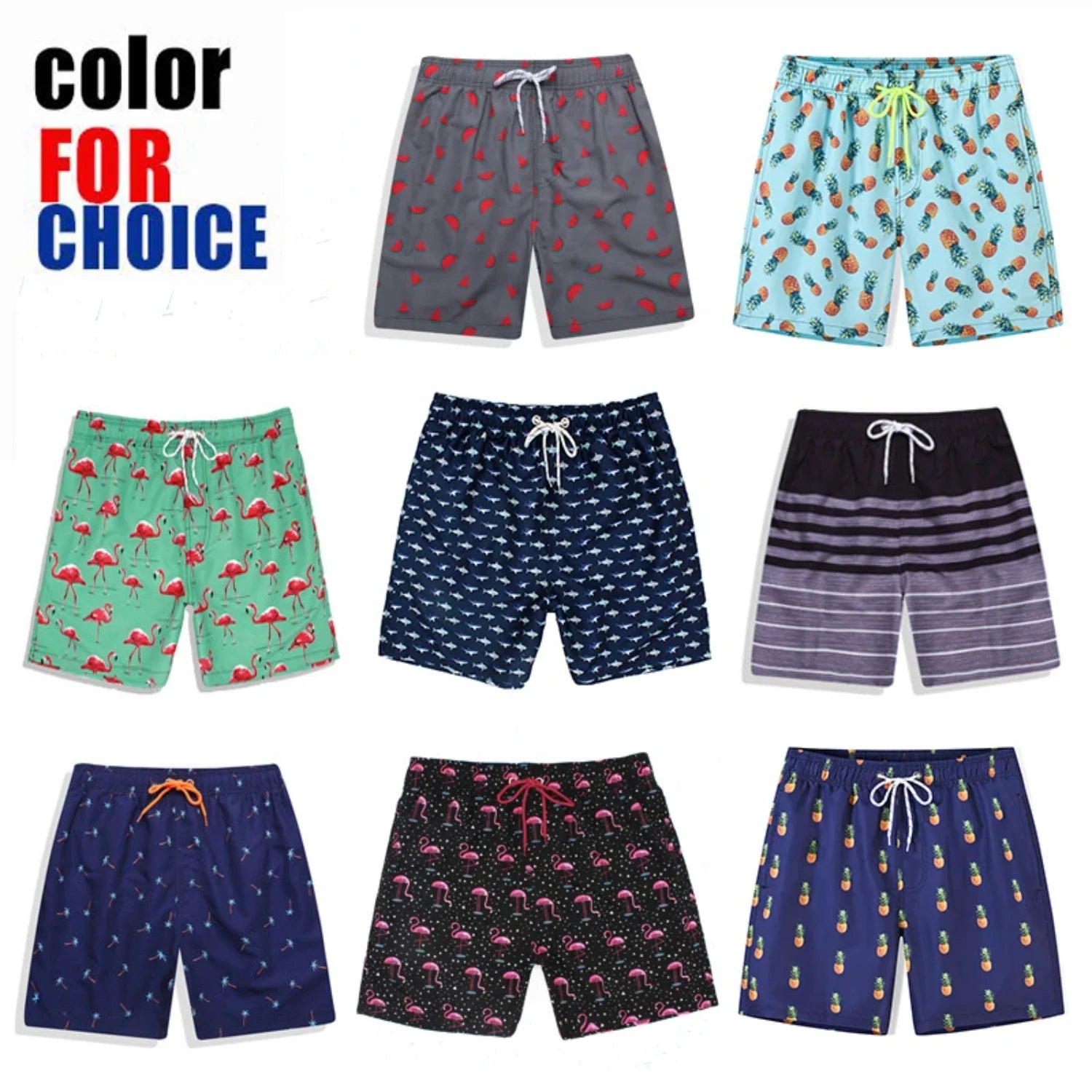 Variety of men's summer beach print surfing shorts in vibrant colors and patterns for stylish beachwear options.