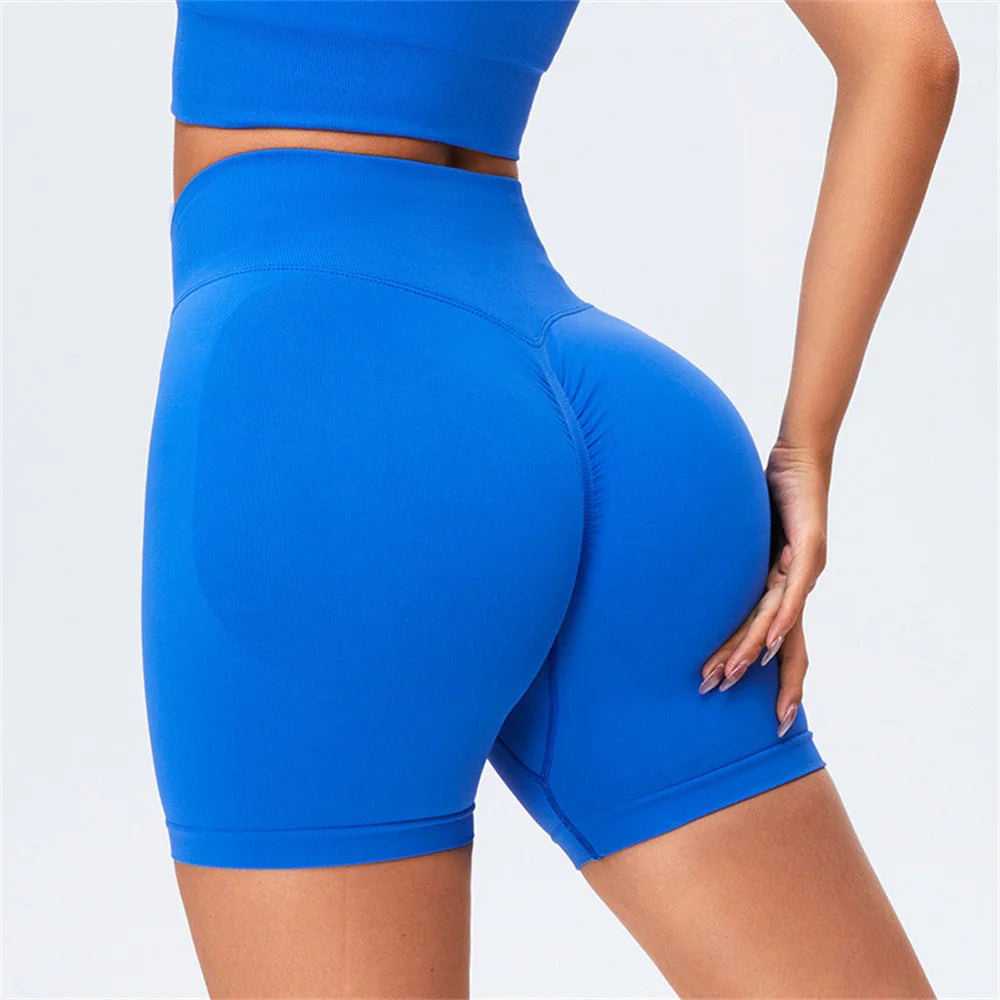 2025 High Waist Scrunch Butt Yoga Shorts in blue, showcasing a flattering fit and peach-lifting design for workouts.