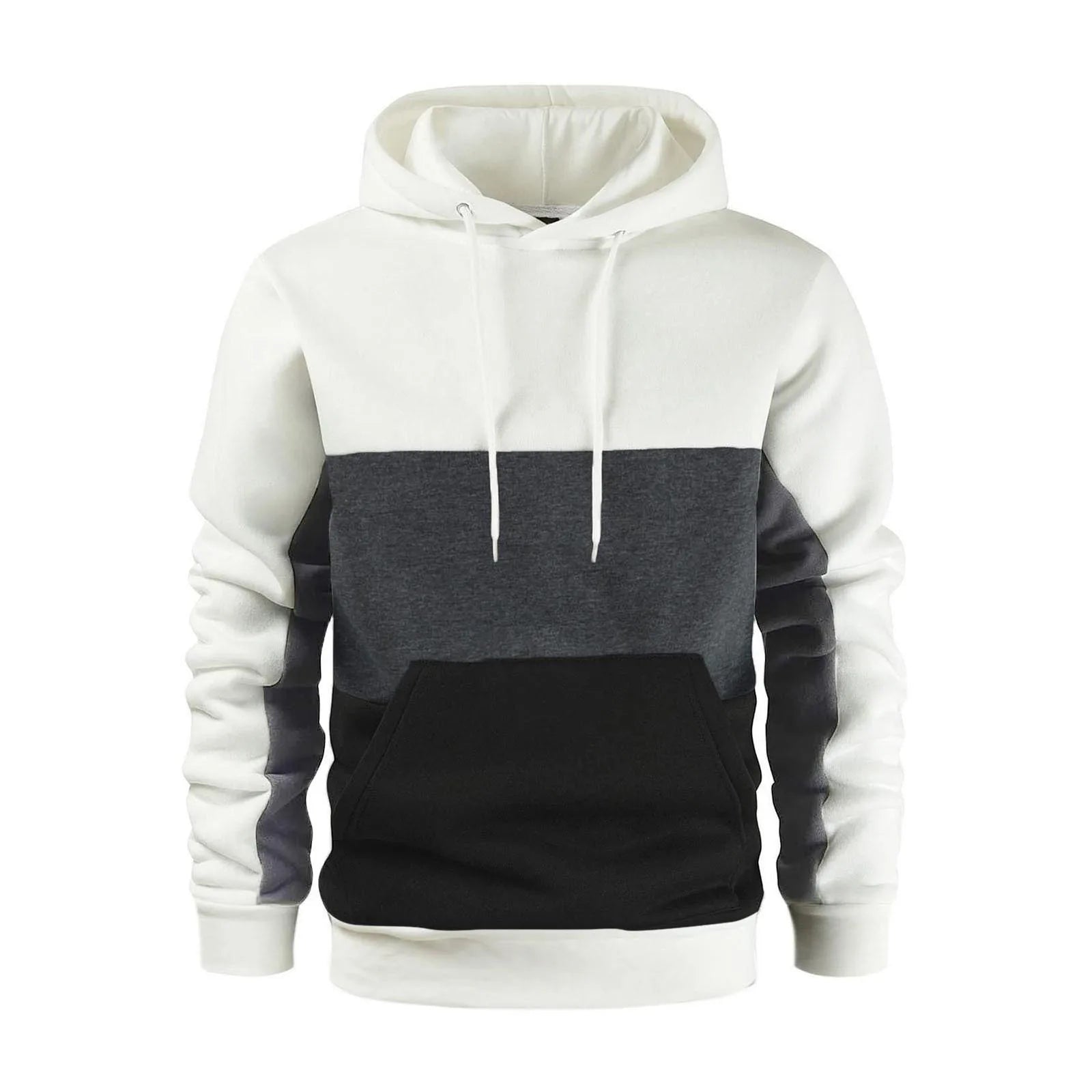 Stylish men's casual hoodie set in white, grey, and black, perfect for workouts and casual outings.