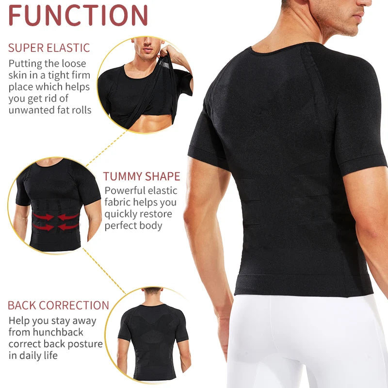 Men's Slimming Body Shaper Compression Shirt showcasing features: super elastic, tummy shaping, and back correction benefits.