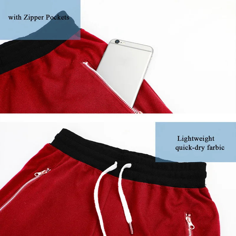 Men's mesh basketball shorts showcasing lightweight quick-dry fabric and zipper pockets for convenience.