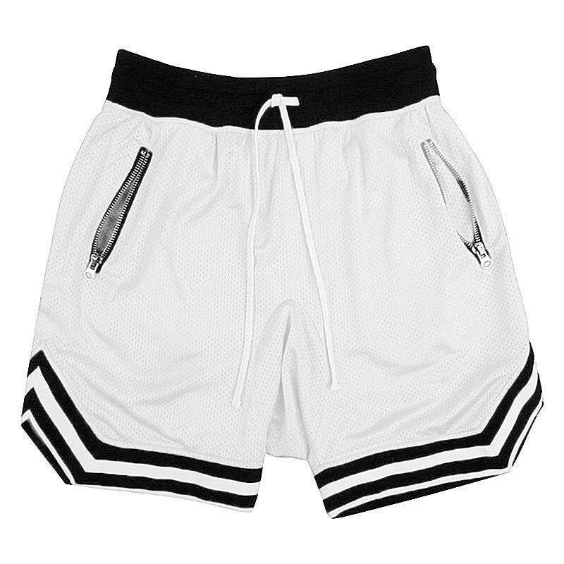 Men's mesh basketball shorts in white with black stripes, quick-dry fabric, elastic waist, and side pockets.