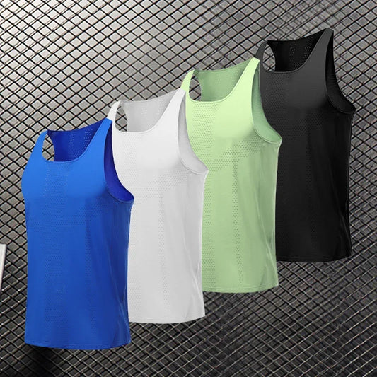 Men's quick-dry sleeveless basketball workout shirts in blue, white, green, and black on a textured background.