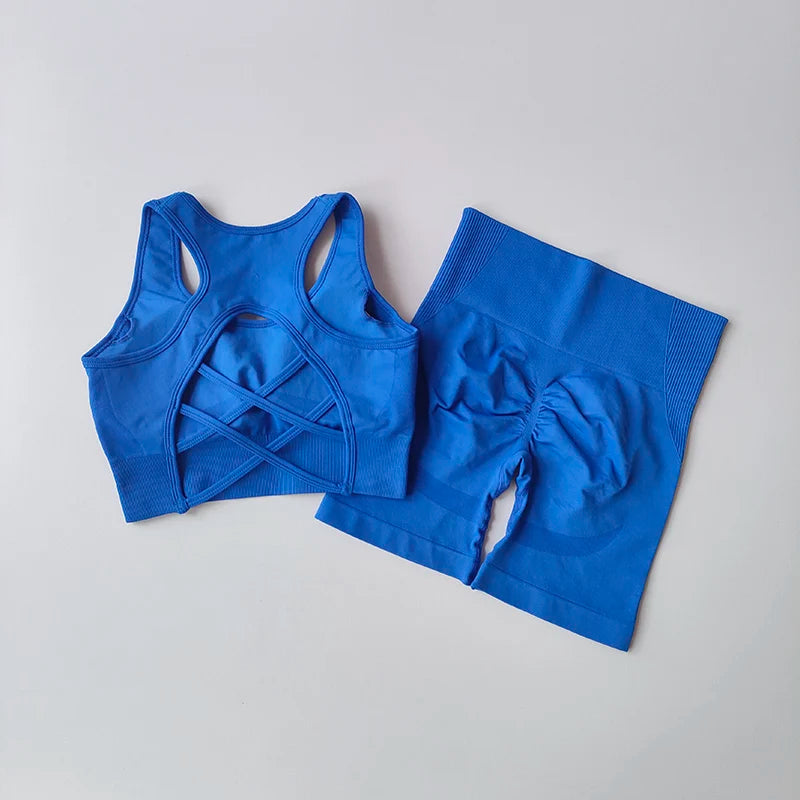 2-Piece Seamless Women's Yoga Set in blue featuring a sports bra and high-waisted shorts, perfect for activewear.