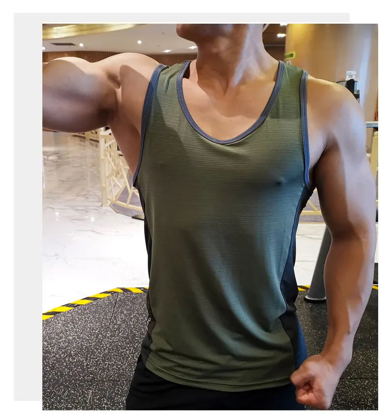 Men’s lightweight sleeveless gym shirt in olive green, perfect for workouts and summer training.