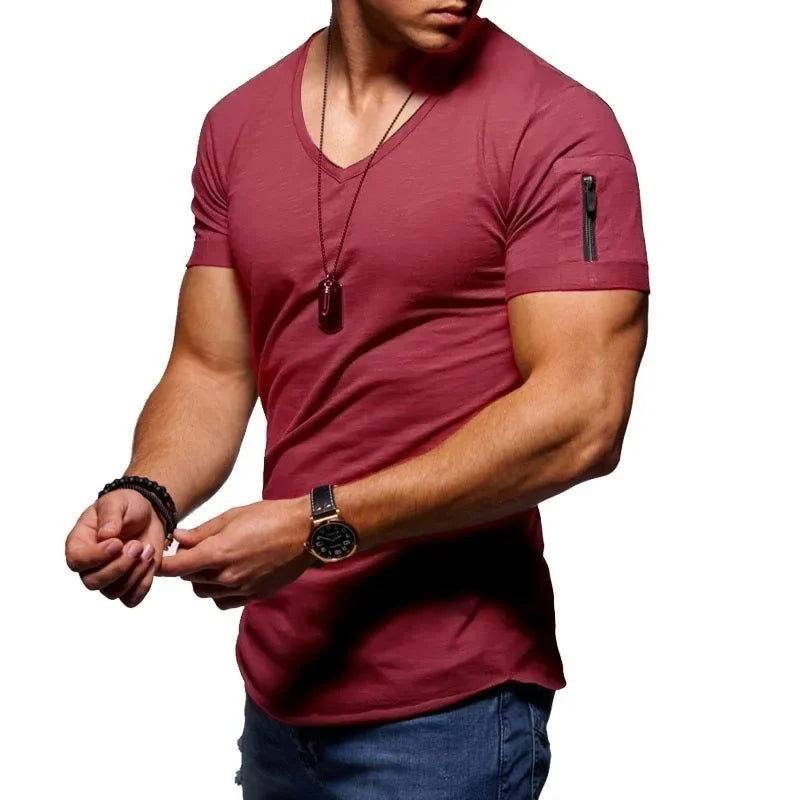 2025 Men’s V-Neck Quick-Dry Running T-Shirt in red, showcasing athletic fit and style, perfect for workouts.