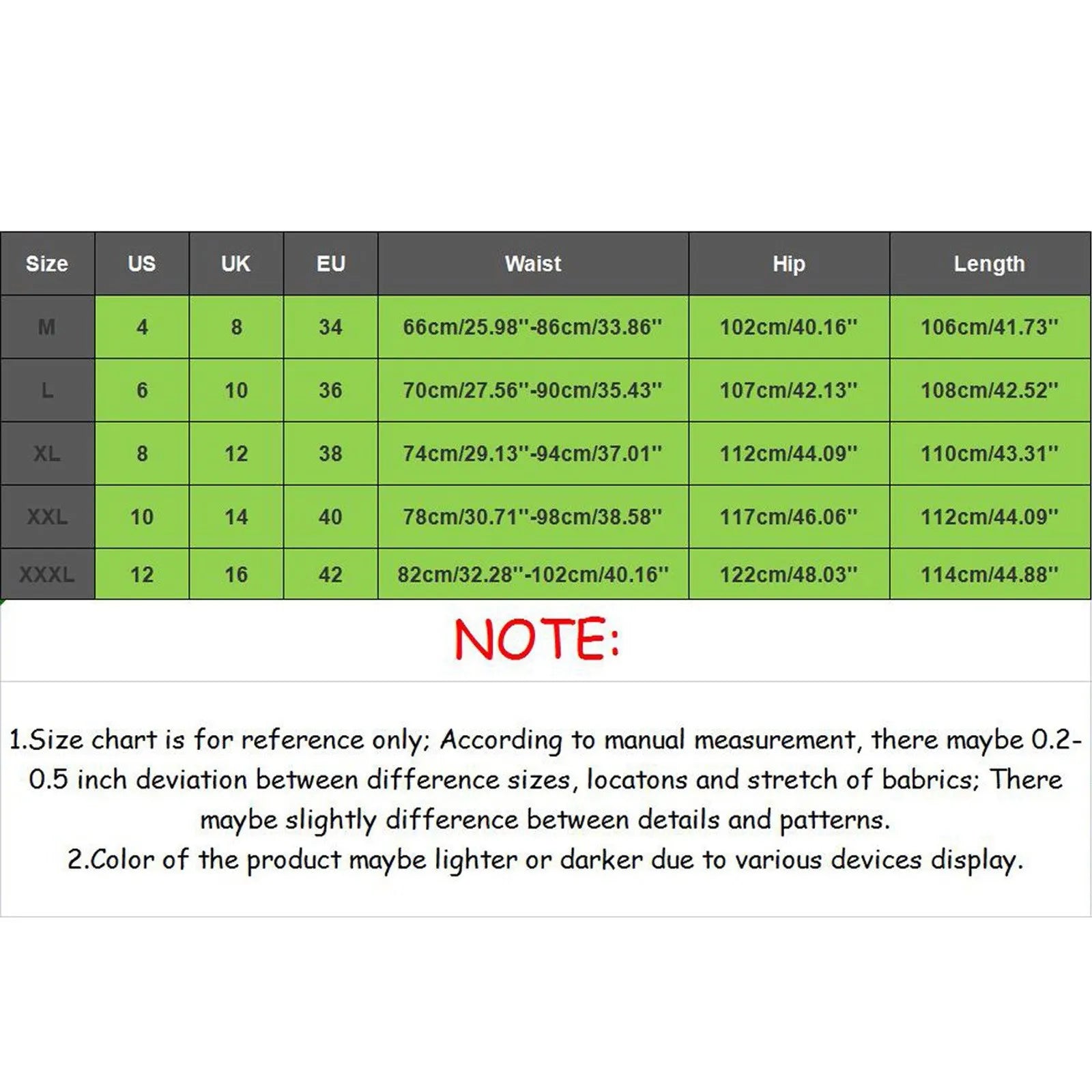 Size chart for Men's Casual Training Pants showing US, UK, EU sizes, waist, hip, and length measurements.