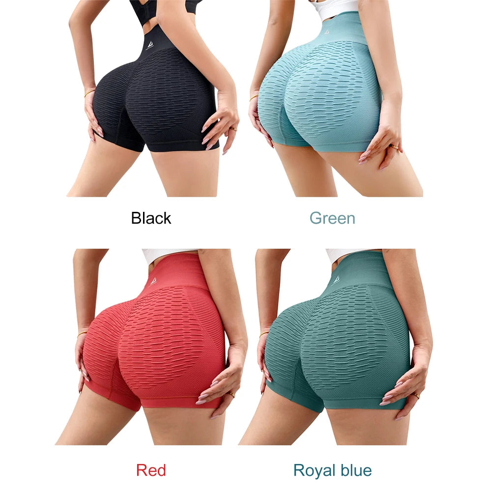 Women's high-waist workout shorts in black, green, red, and royal blue with textured design for comfort and support.