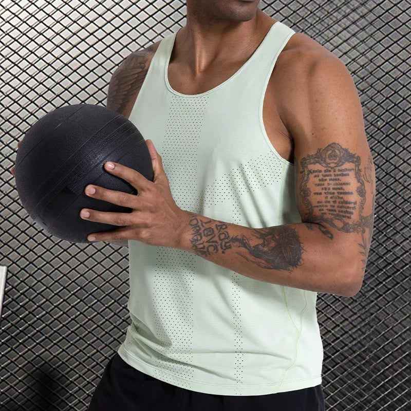 Men wearing a light green sleeveless basketball workout shirt, holding a basketball, showcasing athletic style and comfort.