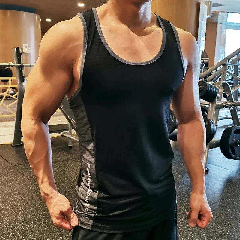 Men's lightweight sleeveless gym shirt in black, designed for breathability and comfort during workouts.