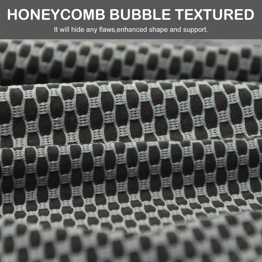 Close-up of honeycomb bubble textured fabric, offering enhanced shape and support for activewear.