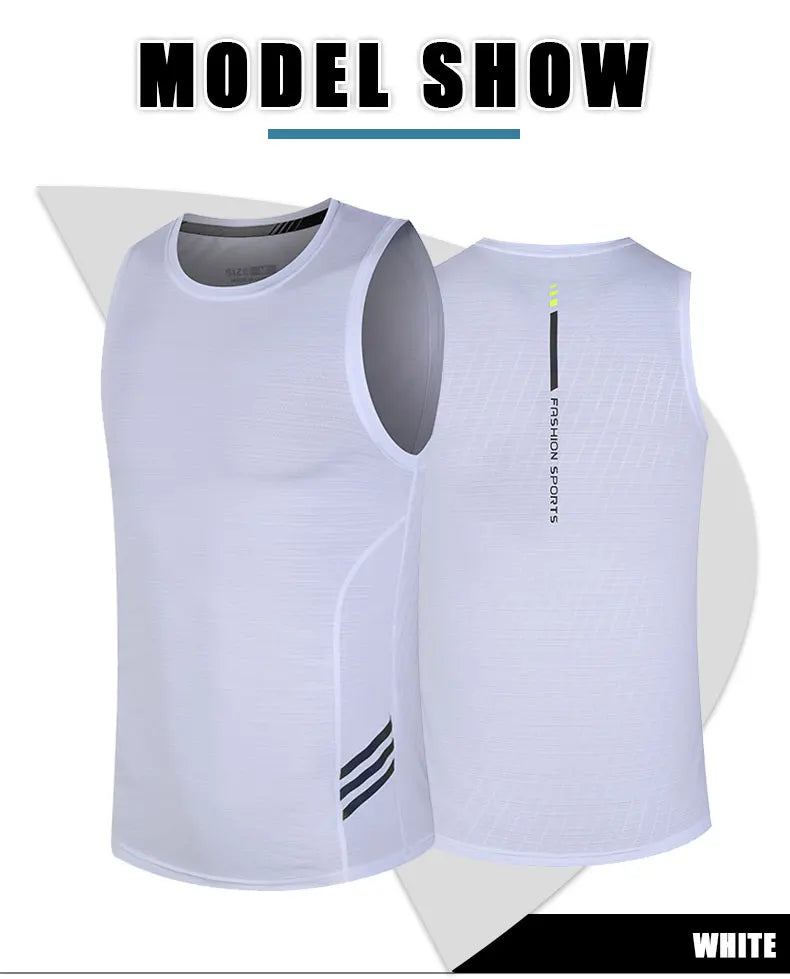Men's Ice Silk Running Tank Top in white, showcasing front and back views, ideal for summer workouts.