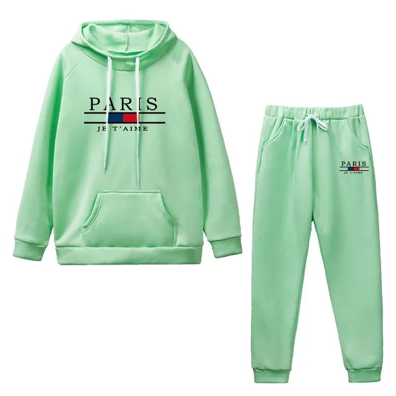 Casual mint green sports jogging suit with hoodie and pants featuring Paris print, ideal for workouts and lounging.