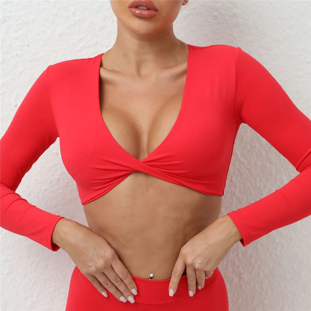 2025 women's padded short sleeve crop yoga top in bright red, perfect for workouts and stylish comfort.