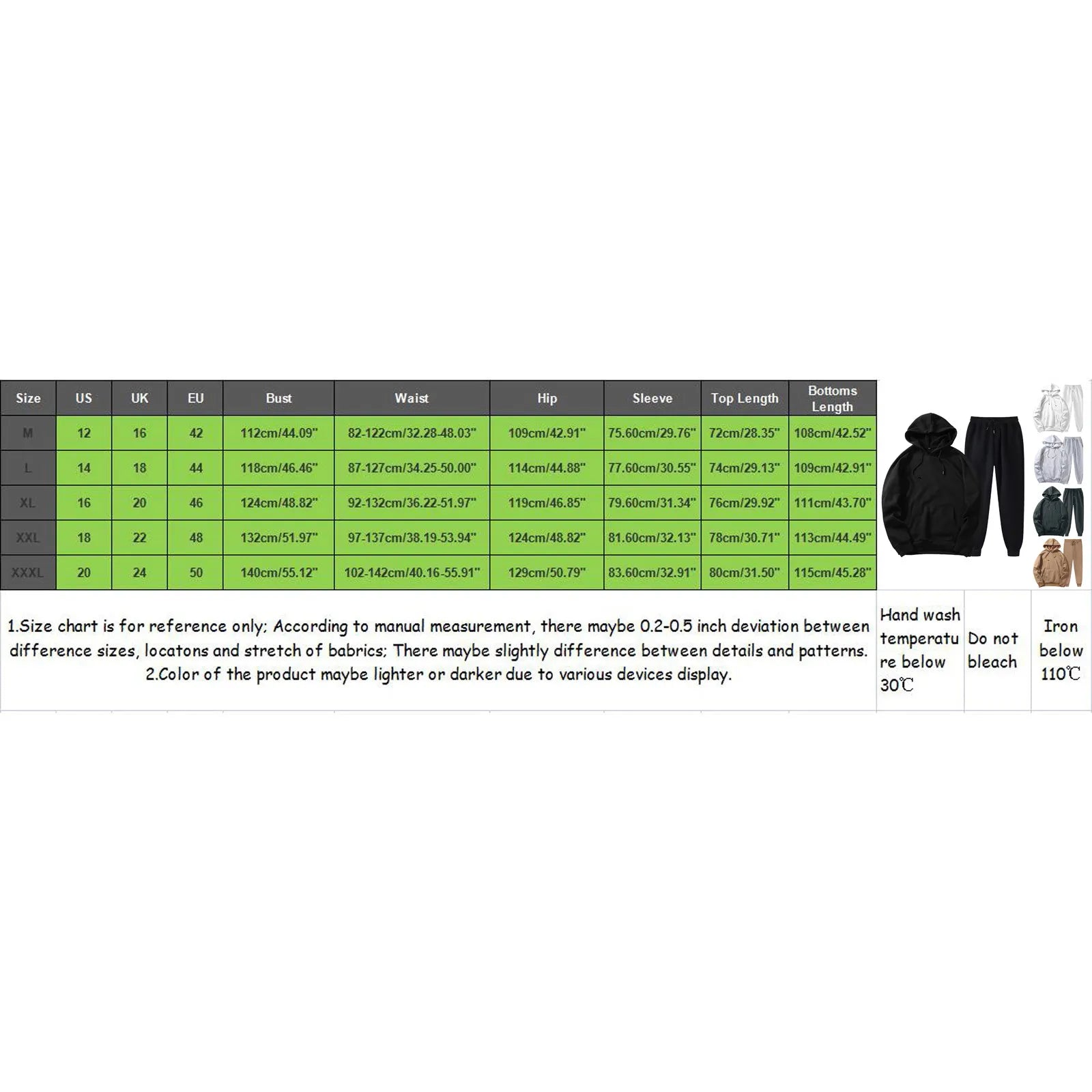 Size chart for Men's Oversized Hoodie Tracksuit Set, detailing measurements and care instructions.