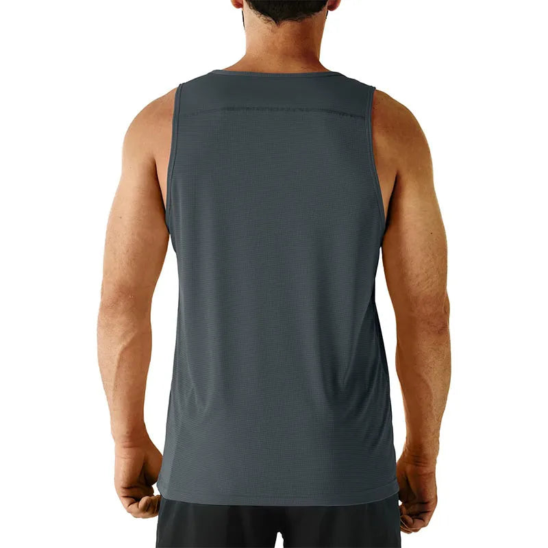 Men's sleeveless workout shirt in dark gray, showcasing breathable fabric and a comfortable fit for exercise.