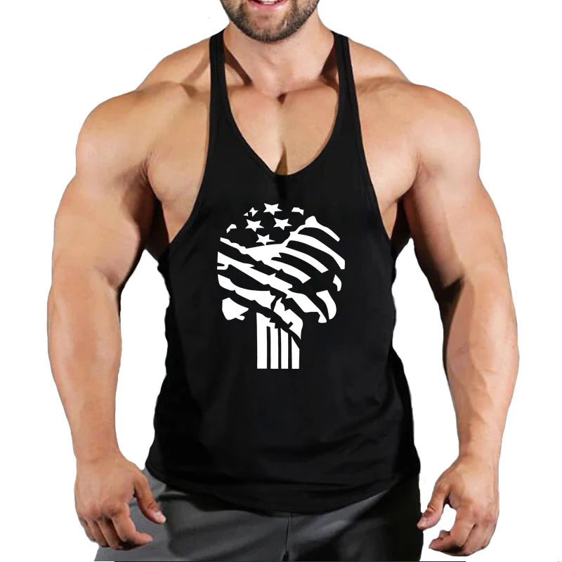 Men's bodybuilding tank top with American flag design, perfect for workouts and casual wear.