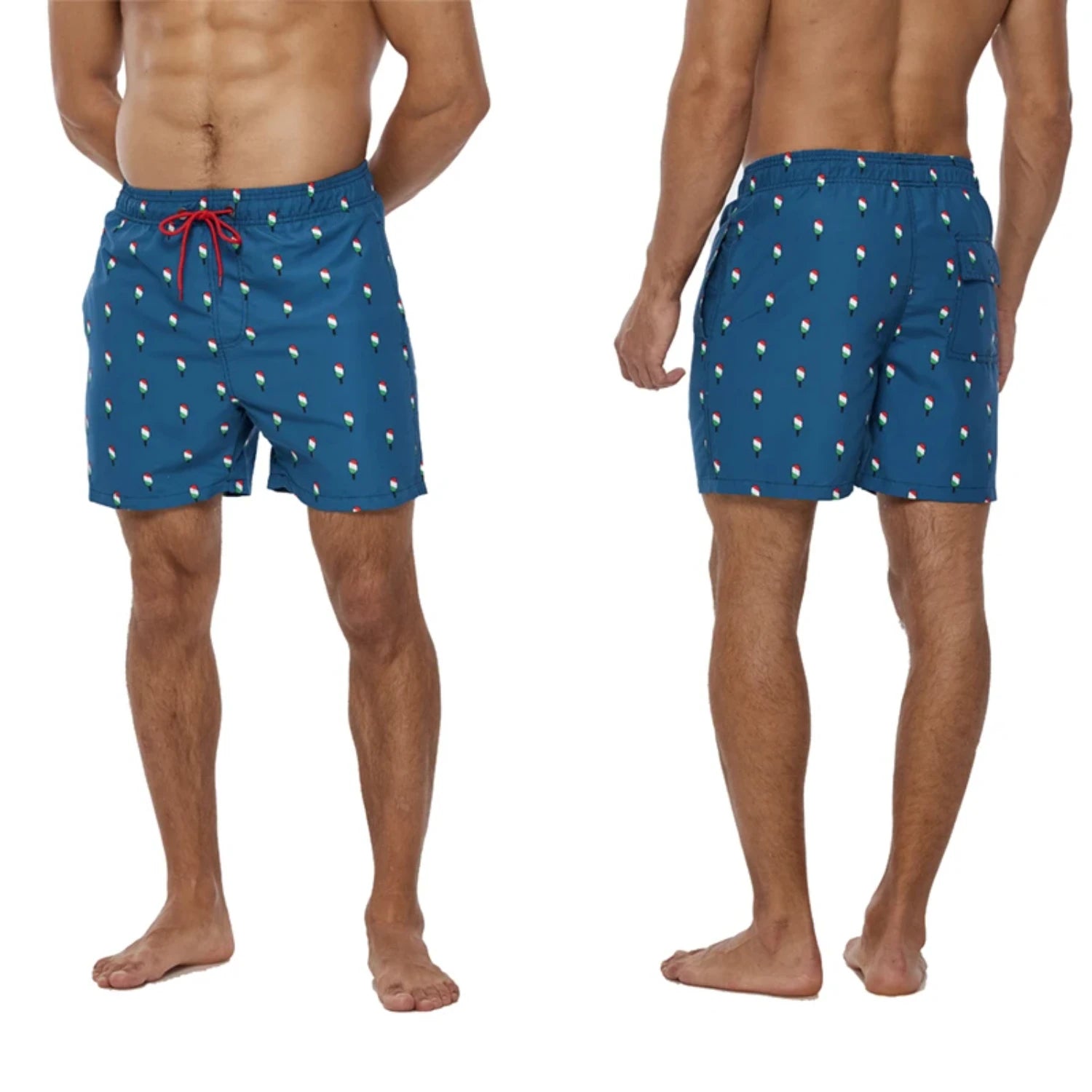 Men's summer beach print surfing shorts in blue with colorful patterns, showcasing front and back views.