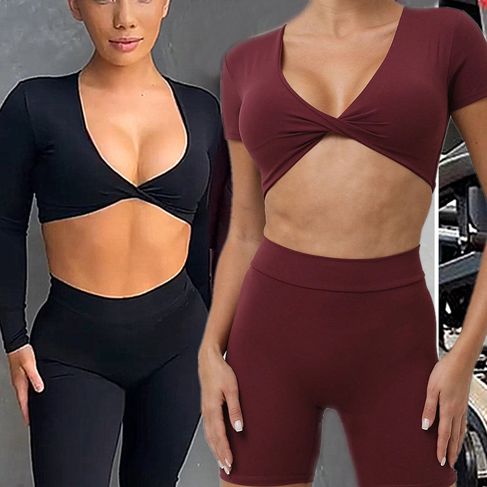 2025 Women's Padded Short Sleeve Crop Yoga Top in black and maroon, showcasing stylish activewear for workouts.