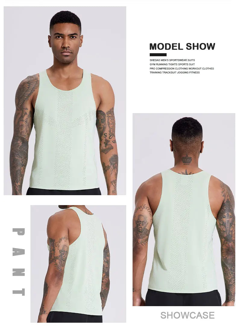 Men's quick-dry sleeveless basketball workout shirt showcased on model, highlighting breathable design and comfort.