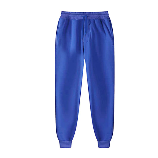 Men's blue fleece-lined slim fit joggers with elastic waistband and tapered cuffs for comfort and style.