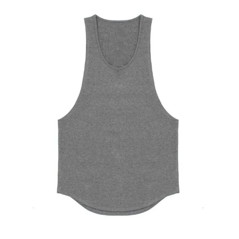 Gray sleeveless cotton t-shirt designed for breathability and comfort during workouts.